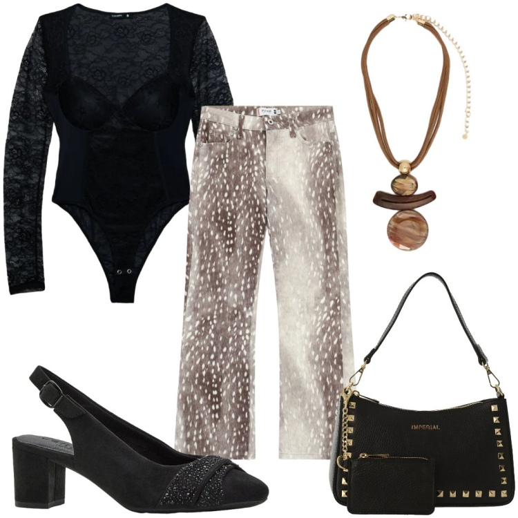 Outfit donna - Total look #2380633. Stile Glamour per Serata fuori. Abbinamento con décolleté, body, ciondoli, pantaloni, borse a spalla.