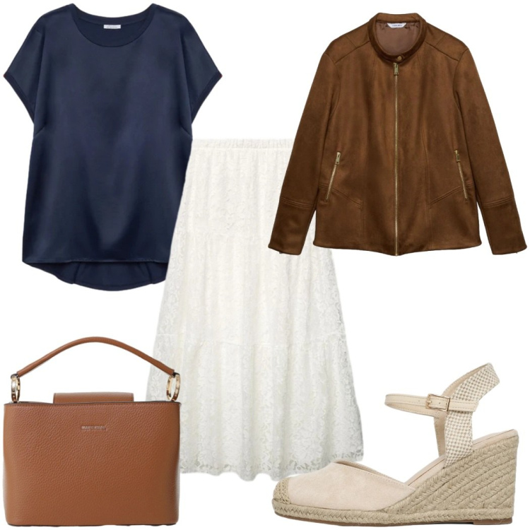 Outfit donna - Total look #2380634. Stile Minimal per Tutti i giorni. Abbinamento con giacche, gonne lunghe, zeppe, borse a secchiello, bluse.