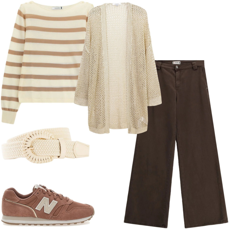 Outfit donna - Total look #2380638. Stile Casual per Tutti i giorni. Abbinamento con cinture, kimono, pantaloni a palazzo, maglieria, sneakers.
