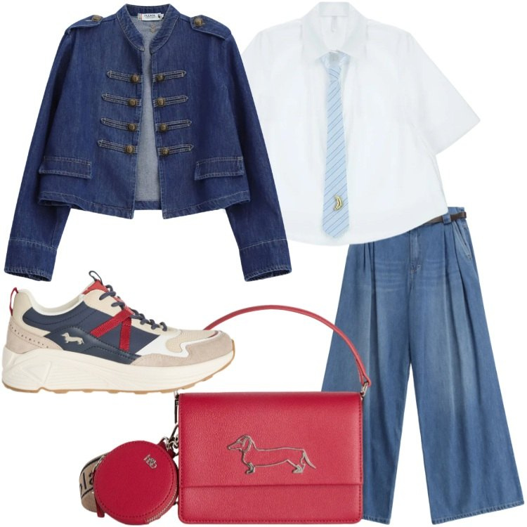 Outfit donna - Giacca Stile Napoleone - @pamela. Stile Trendy per Tutti i giorni. Abbinamento con camicie a manica corta, blazer, jeans, borse a tracolla, sneakers.