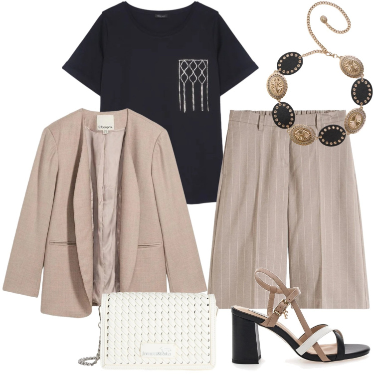 Outfit donna - A lavoro in bermuda. Stile Casual per Ufficio. Abbinamento con bermuda, blazer, cinture, t-shirt, borse a tracolla, sandali col tacco.