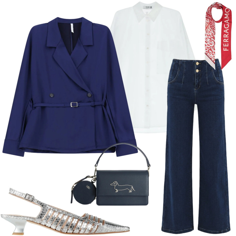 Outfit donna - Effortless aprile. Stile Casual chic per Ufficio. Abbinamento con sciarpe, décolleté, blazer, jeans, camicie, borse a tracolla.