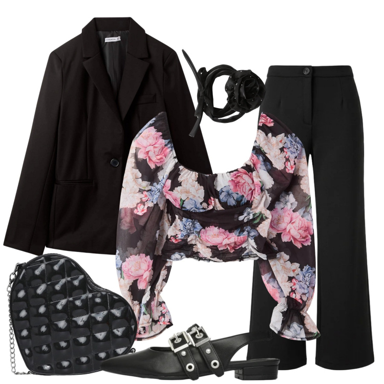 Outfit donna - Fiori strong. Stile Casual chic per Tutti i giorni. Abbinamento con pantaloni, bluse, blazer, collane, ballerine, borse a tracolla.