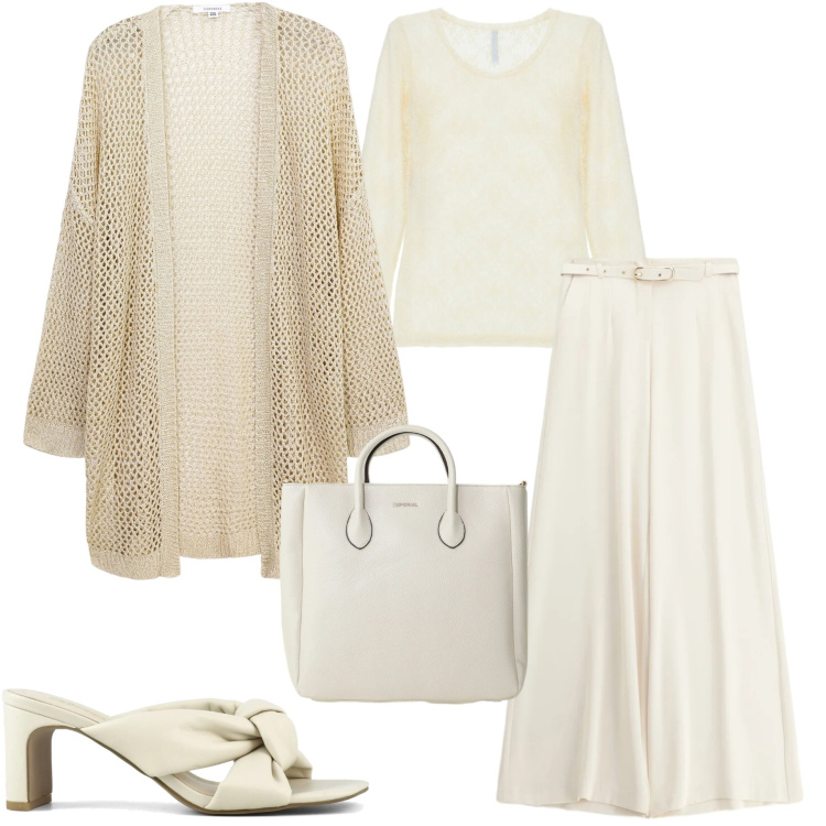 Outfit donna - Effortless aprile. Stile Casual chic per Tutti i giorni. Abbinamento con kimono, pantaloni a palazzo, bluse, borse a tracolla, sandali col tacco.