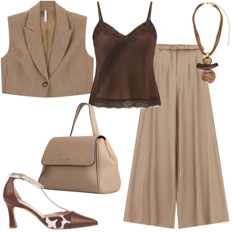 Outfit donna - Total look #2380654. Stile Casual chic per Tutti i giorni. Abbinamento con décolleté, zaini, ciondoli, pantaloni a palazzo, gilet, canottiere.