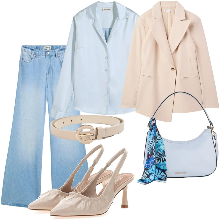 Outfit donna - Total look #2380657. Stile Casual per Ufficio. Abbinamento con jeans, borse a mano, camicie, blazer, cinture, décolleté.
