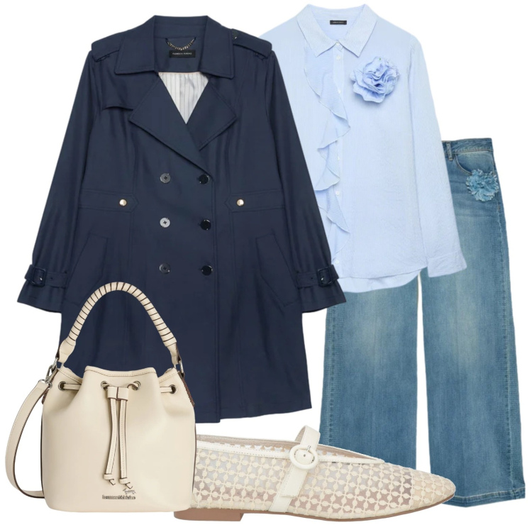 Outfit donna - Soprabito blu. Stile Casual chic per Ufficio. Abbinamento con ballerine, camicie, trench, jeans, borse a secchiello.