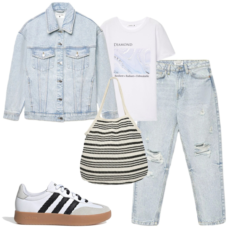 Outfit donna - Aprile. Stile Casual per Tutti i giorni. Abbinamento con jeans mom, t-shirt, shopping bag, cappotti, sneakers.