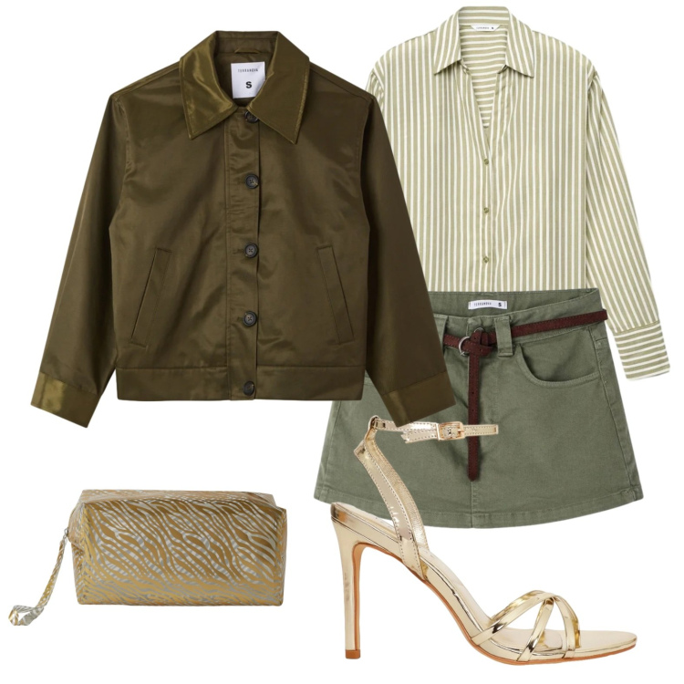 Outfit donna - Aperitivo in minigonna. Stile Glamour per Serata fuori. Abbinamento con cappotti, minigonne, camicie, valigie, sandali col tacco.
