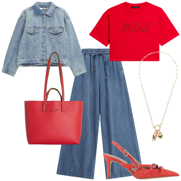 Outfit donna - City. Stile Casual chic per Tutti i giorni. Abbinamento con décolleté, jeans, blazer, shopping bag, t-shirt, ciondoli.