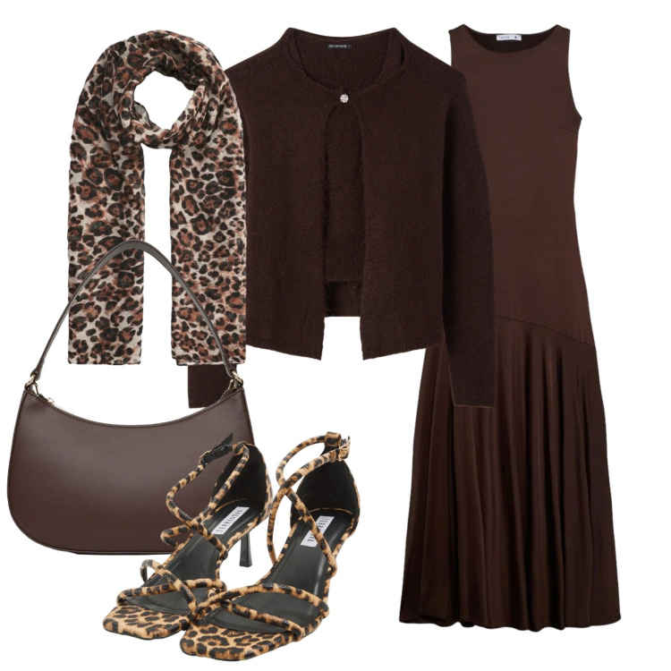 Outfit donna - Sandali maculati. Stile Glamour per Serata fuori. Abbinamento con vestiti lunghi, cardigans, foulard, borse a tracolla, sandali col tacco.