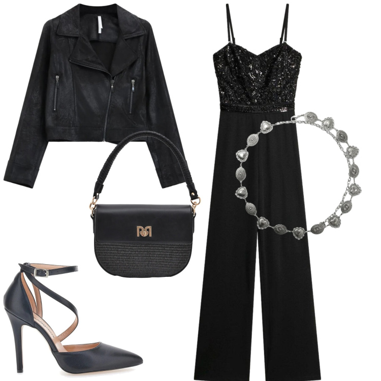 Outfit donna - Serata. Stile Minimal per Serata fuori. Abbinamento con tute, cinture, giacche, borse a spalla, décolleté.