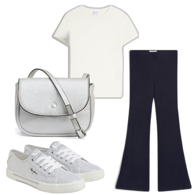 Outfit mujer - Basic look. Estilo Basic para Todos los días. Combinación con pantalones, sneakers, bolsos de mano, camiseta.