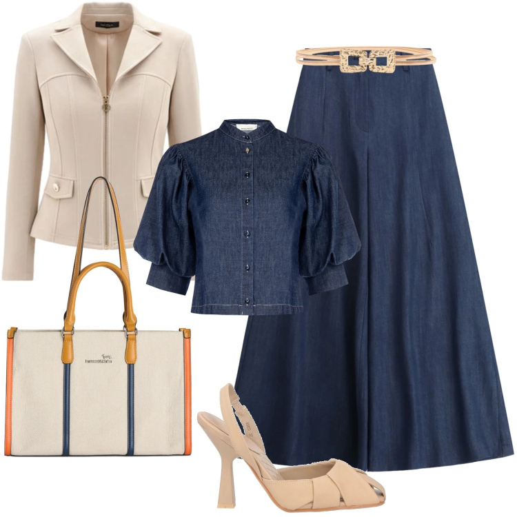 Outfit donna - Blu denim e beige. Stile Urban per Tutti i giorni. Abbinamento con décolleté, borse tote, pantaloni a palazzo, camicie a manica corta, blazer, cinture.