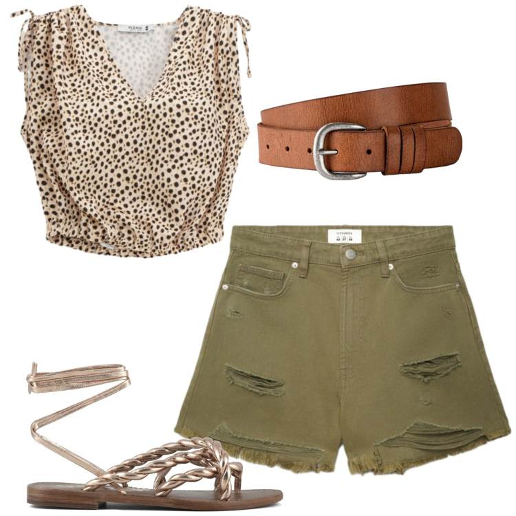 Outfit donna - Spring. Stile Casual chic per Tutti i giorni. Abbinamento con cinture, shorts, top, sandali in pelle.