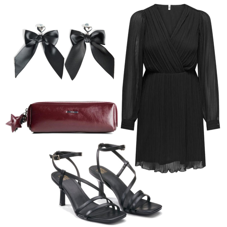 Outfit mujer - Glamour. Estilo Glamour para Noche/Fiesta elegante. Combinación con vestidos cortos, sandalias de tacón, maletas, pendientes.