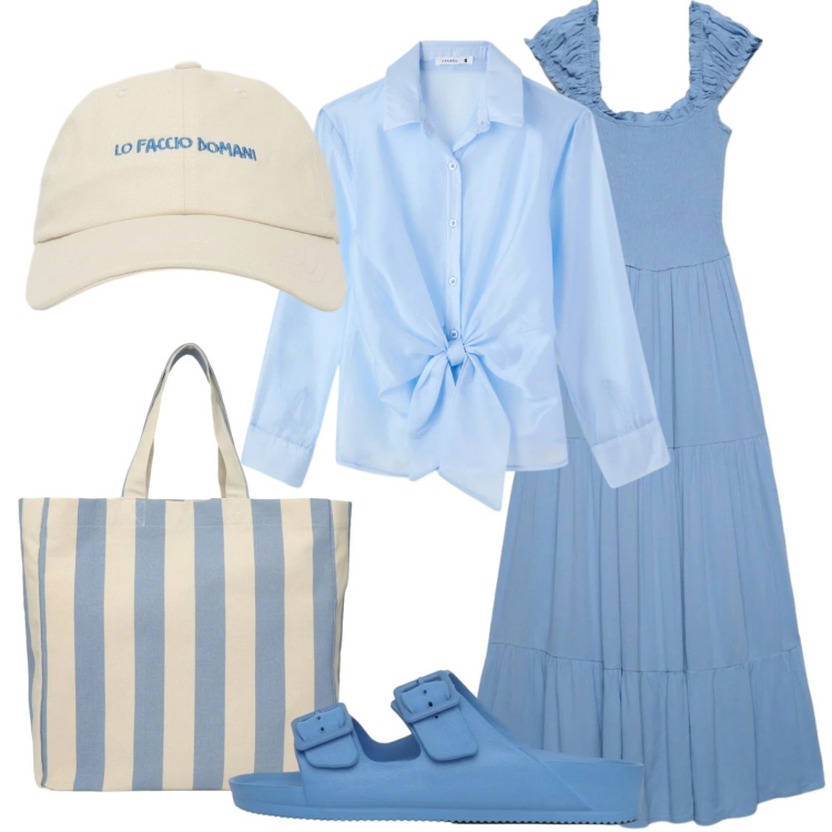 Outfit donna - Assaggio di mare. Stile Casual chic per Mare. Abbinamento con camicie, vestiti lunghi, ciabatte, shopping bag, cappelli con visiera.