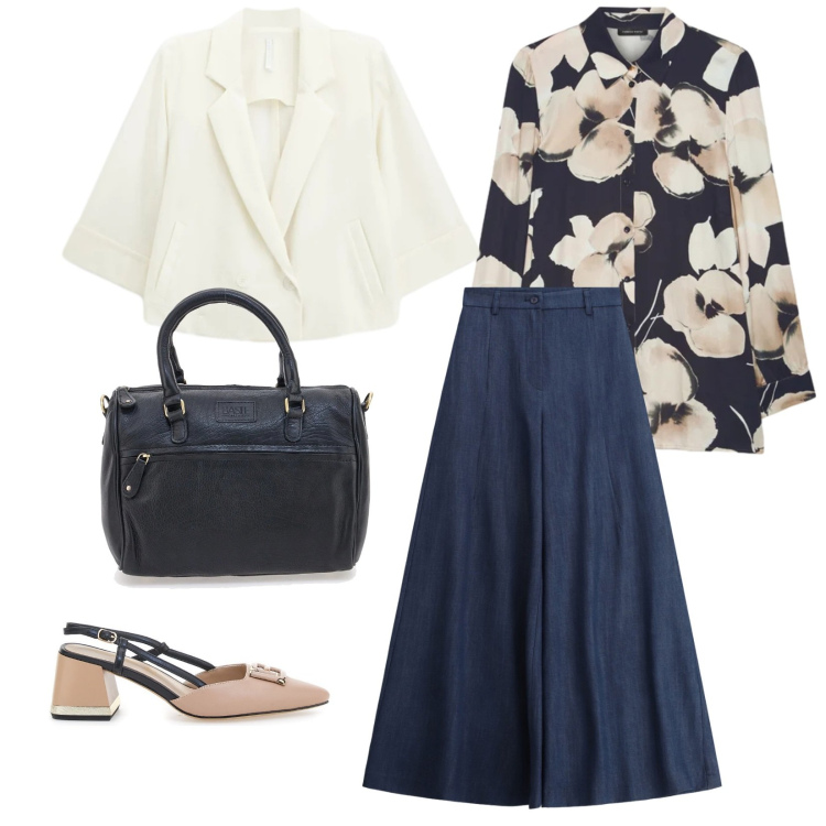 Outfit donna - Aprile. per Ufficio. Abbinamento con pantaloni a palazzo, blazer, camicie, décolleté, borse a tracolla.