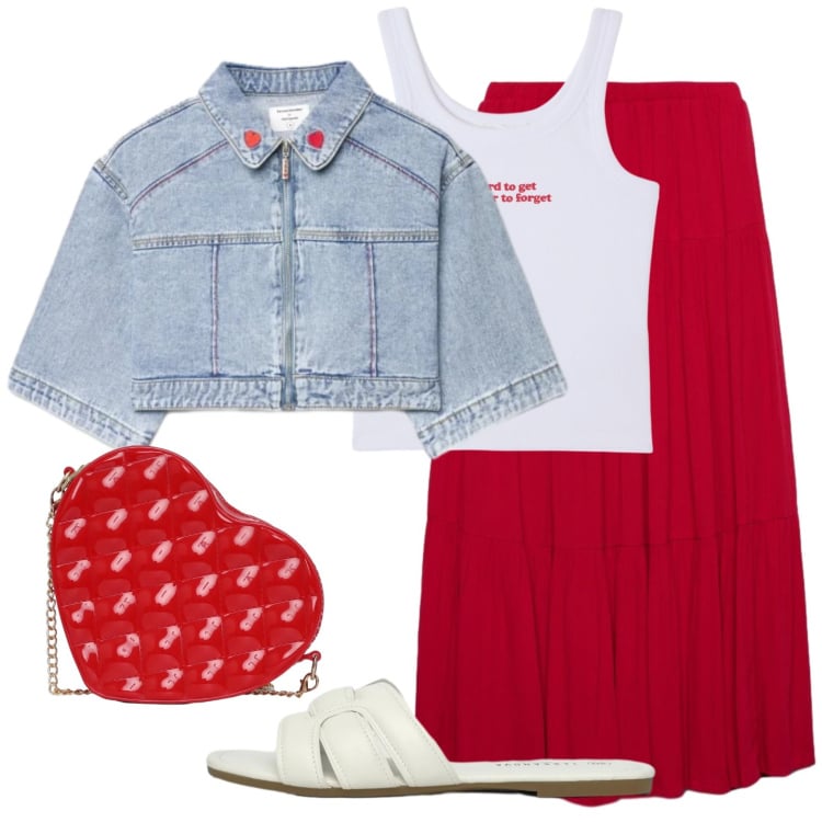 Outfit donna - Cuoricini. Stile Casual per Scuola/Università. Abbinamento con gonne lunghe, cappotti, borse a tracolla, canottiere, ciabatte.