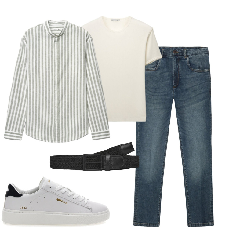 Outfit uomo - Aprile. Stile Urban per Tutti i giorni. Abbinamento con camicie, cinture, t-shirt, sneakers, jeans.