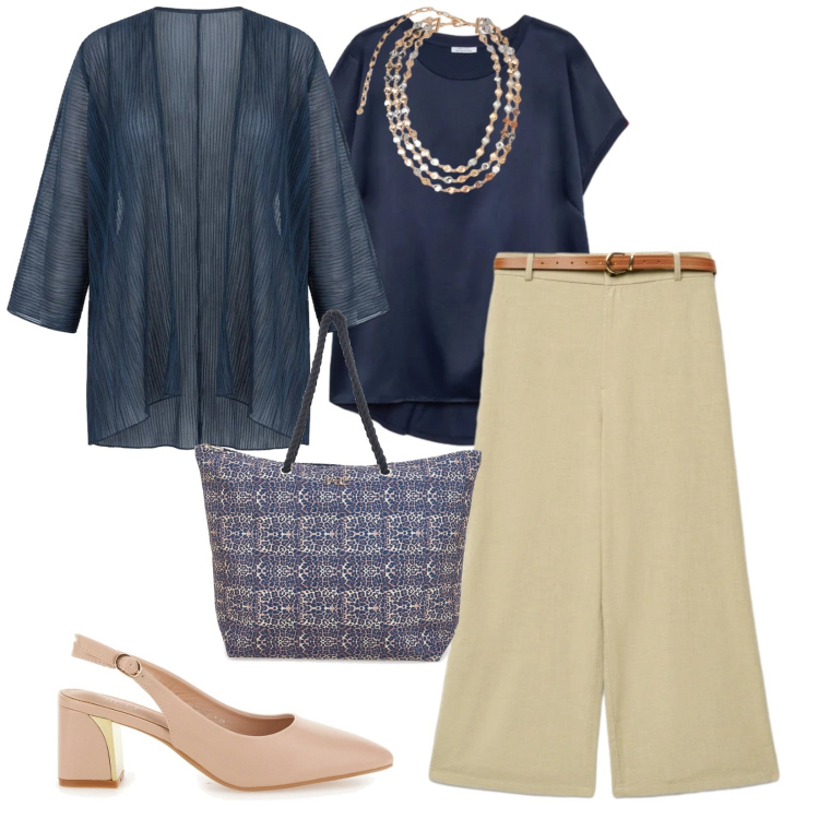 Outfit donna - Aprile. per Scuola/Università. Abbinamento con pantaloni a palazzo, blazer, collane, bluse, décolleté, shopping bag.