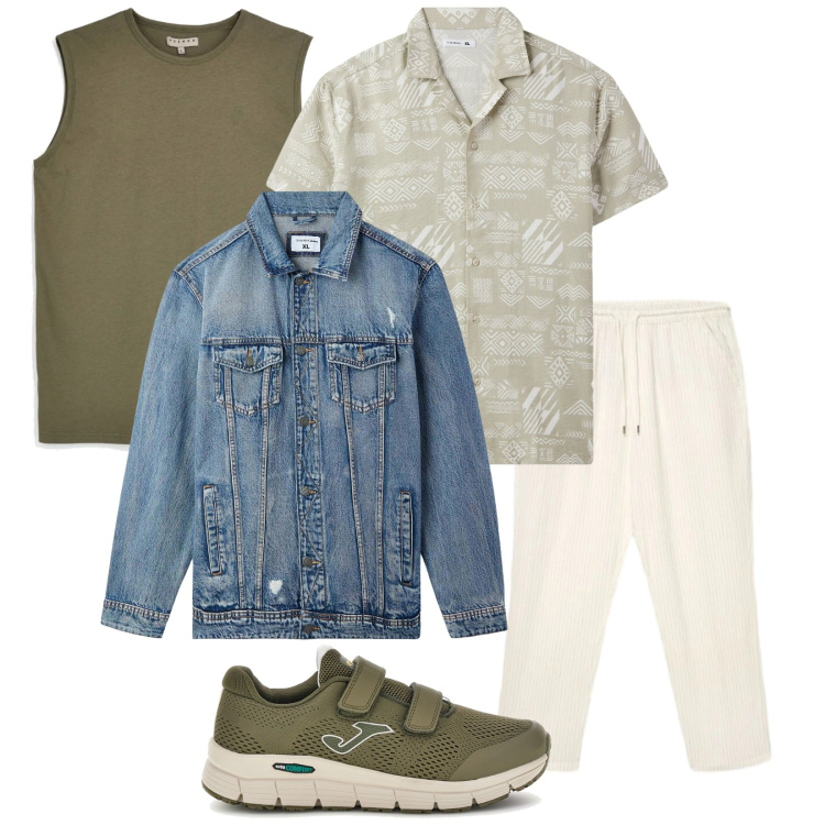 Outfit uomo - Di PrimaVera. Stile Trendy per Tutti i giorni. Abbinamento con giacche, camicie a manica corta, pantaloni, canottiere, sneakers.