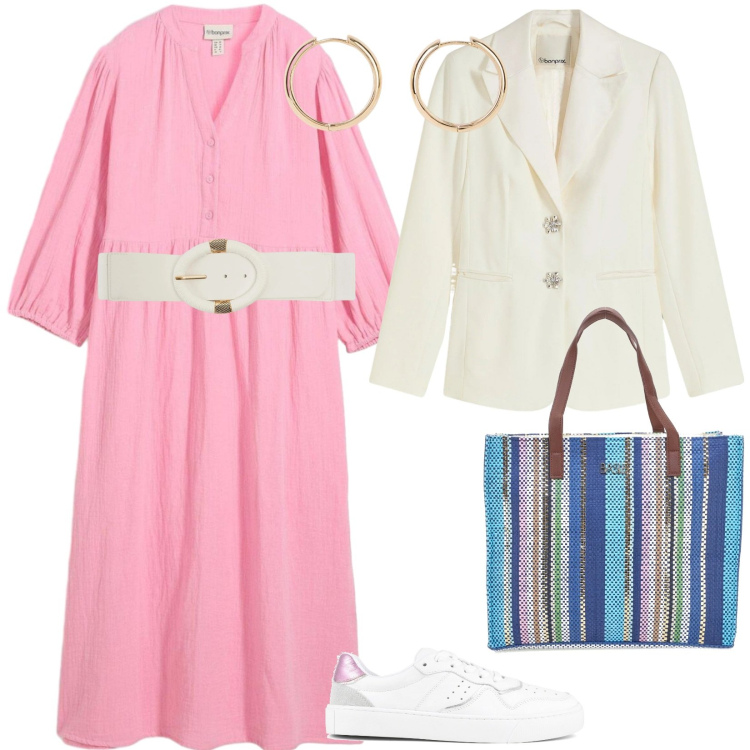 Outfit donna - Di giorno. per Tutti i giorni. Abbinamento con vestiti chemisier, blazer, orecchini, cinture, sneakers, shopping bag.