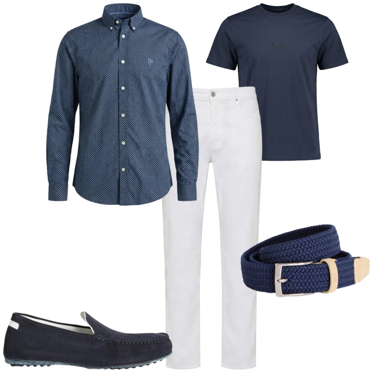 Outfit uomo - Bianco e blu. Stile Urban per Tutti i giorni. Abbinamento con scarpe stringate, cinture, t-shirt, pantaloni, camicie.