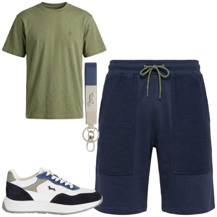 Outfit uomo - Spring. Stile Casual per Tutti i giorni. Abbinamento con sneakers, portachiavi, pantaloni corti, t-shirt.