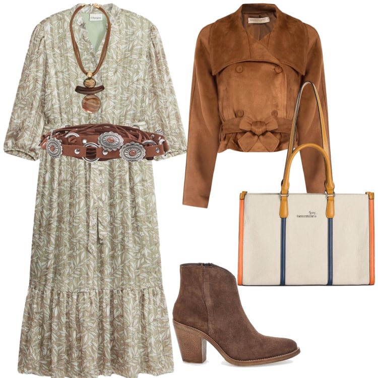 Outfit donna - Di giorno. per Tutti i giorni. Abbinamento con vestiti chemisier, cinture, ciondoli, borse tote, giacche, stivaletti.