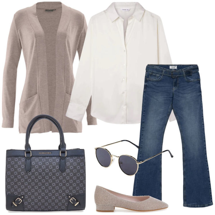 Outfit donna - Total look #2380706. Stile Minimal per Tutti i giorni. Abbinamento con cardigans, occhiali da sole, jeans a zampa, camicie, ballerine, borse a tracolla.