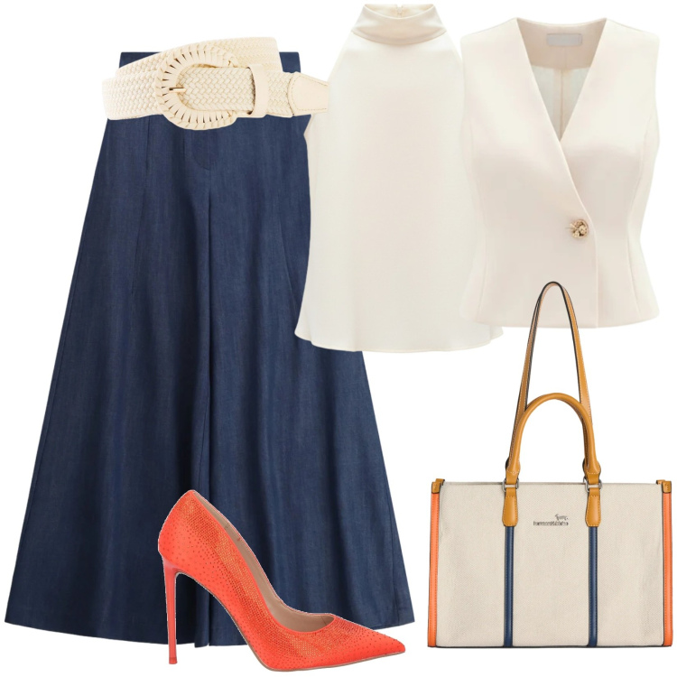 Outfit donna - Aprile. Stile Trendy per Tutti i giorni. Abbinamento con décolleté, cinture, borse tote, pantaloni a palazzo, gilet, canottiere.