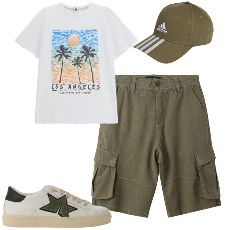Outfit uomo - Weekend. Stile Casual per Tutti i giorni. Abbinamento con bermuda, t-shirt, sneakers, cappelli con visiera.