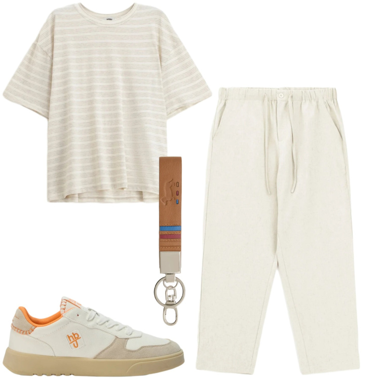 Outfit uomo - Aprile. Stile Casual per Tutti i giorni. Abbinamento con pantaloni, t-shirt, portachiavi, sneakers.