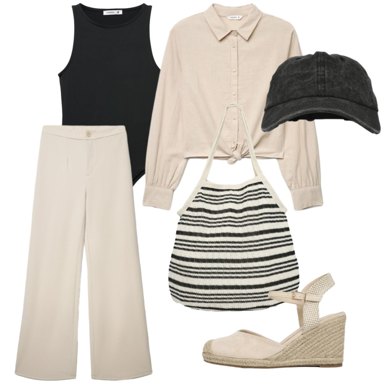 Outfit donna - Terranova style. Stile Trendy per Tutti i giorni. Abbinamento con pantaloni, camicie, zeppe, shopping bag, top, cappelli con visiera.