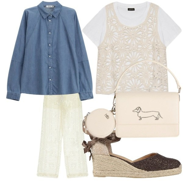 Outfit donna - casual. Stile Chic per Tutti i giorni. Abbinamento con espadrillas, pantaloni a palazzo, t-shirt, camicie, borse a tracolla.