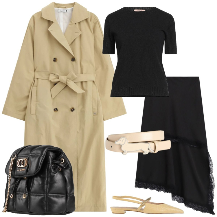 Outfit donna - Total look #2380723. Stile Minimal per Tutti i giorni. Abbinamento con ballerine, valigie, pullovers, gonne longuette, trench, cinture.