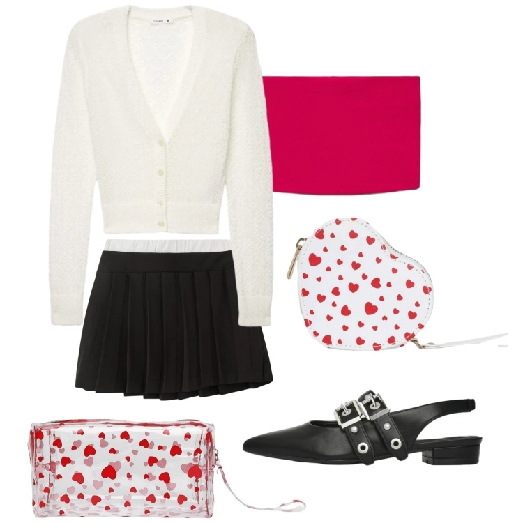 Outfit donna - Aprile Terranova. Stile Trendy per Serata fuori. Abbinamento con cardigans, top, portafogli, minigonne, ballerine, valigie.