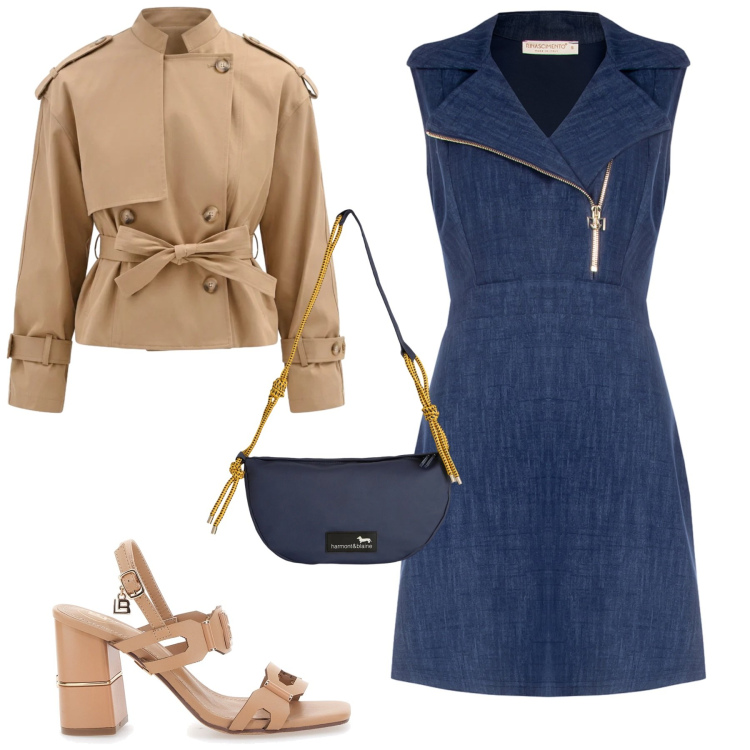 Outfit donna - Aprile. Stile Urban per Tutti i giorni. Abbinamento con vestiti asimmetrici, caban, borse a tracolla, sandali col tacco.