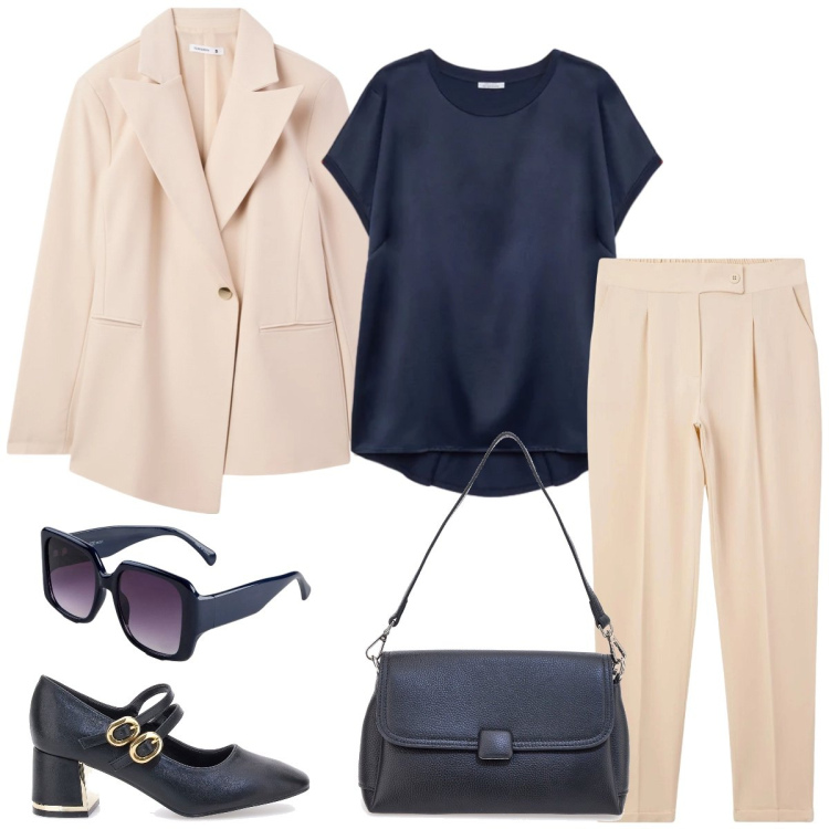 Outfit donna - Total look #2380750. Stile Minimal per Ufficio. Abbinamento con occhiali da sole, pantaloni chino, blazer, bluse, décolleté, borse a spalla.