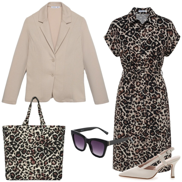 Outfit donna - Total look #2380754. Stile Chic per Tutti i giorni. Abbinamento con occhiali da sole, vestiti chemisier, blazer, shopping bag, décolleté.