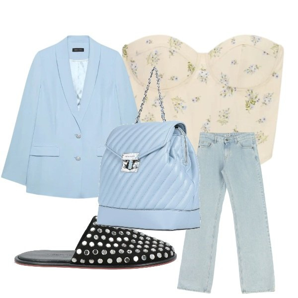 Outfit donna - casual. Stile Casual per Tutti i giorni. Abbinamento con zaini, pantofole, jeans dritti, top, blazer.