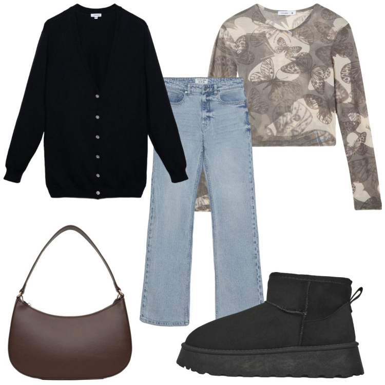 Outfit donna - Terranova Spring Deals:70s. Stile 70s per Tutti i giorni. Abbinamento con t-shirt, cardigans, stivaletti, jeans bootcut, borse a tracolla.