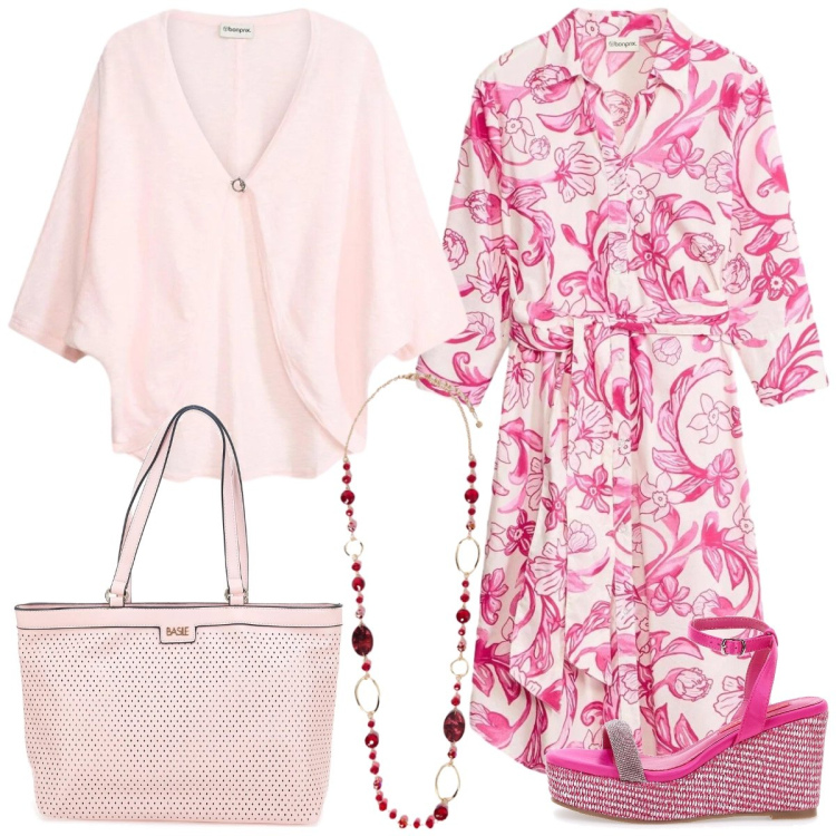 Outfit donna - Total look #2380773. Stile Casual per Tutti i giorni. Abbinamento con cardigans, vestiti chemisier, collane, borse a spalla, zeppe.