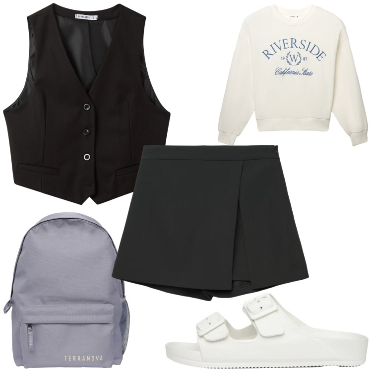 Outfit donna - Terranova Spring Deals: sporty chic. Stile Sporty chic per Tutti i giorni. Abbinamento con gilet, gonne, felpe, zaini, ciabatte.