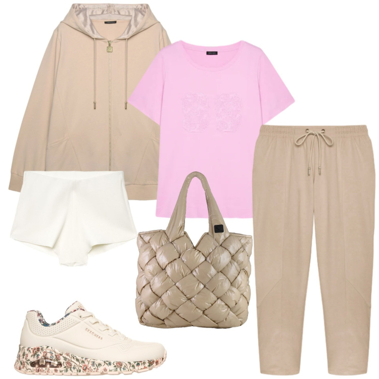 Outfit donna - Total look #2380778. Stile Sporty chic per Tutti i giorni. Abbinamento con culotte, felpe con cappuccio, t-shirt, pantaloni, borse tote, sneakers alte.