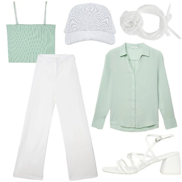 Outfit donna - Latte&Menta...dolcemente -Terranova SS26. Stile Romantica per Tutti i giorni. Abbinamento con pantaloni, camicie, canottiere, collane, cappelli con visiera, sandali col tacco.