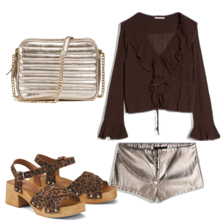 Outfit mujer - Trendy look. Estilo Trendy para Noche/Fiesta elegante. Combinación con blusas, sandalias de piel, shorts, bolsos de hombro.