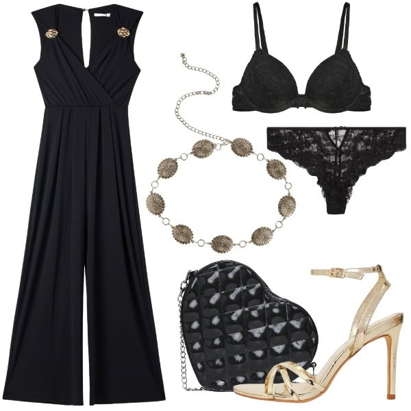Outfit donna - Serata Romantica Spring/Summer-Terranova. Stile Romantica per Serata fuori. Abbinamento con tute, borse a tracolla, sandali col tacco, cinture, reggiseni push-up, culotte.