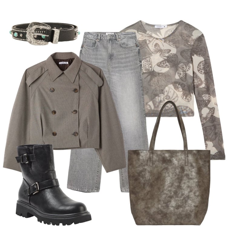Outfit donna - Color fango per Terranova. Stile Casual chic per Tutti i giorni. Abbinamento con t-shirt, caban, jeans dritti, shopping bag, stivaletti, cinture.